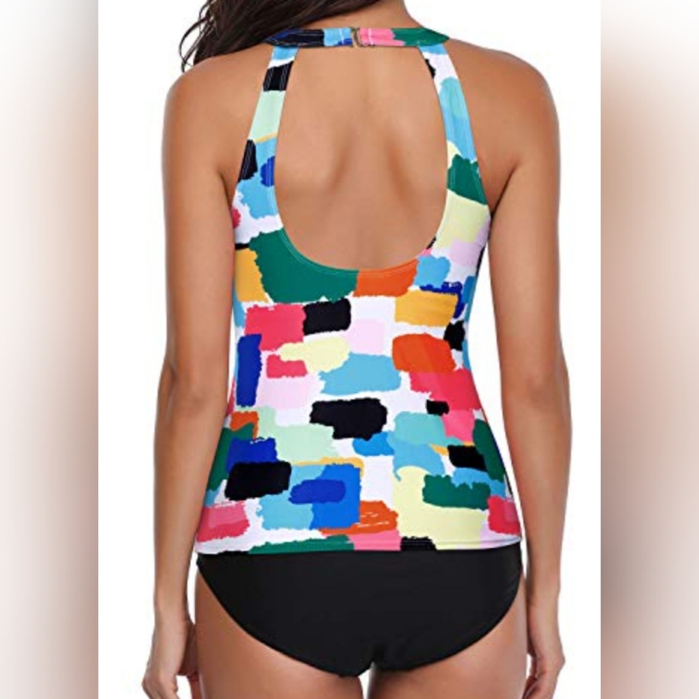 NWT. Holipick Colorful Abstract Women's Halter Neck Style Tankini Swimsuit - Picture 3 of 12
